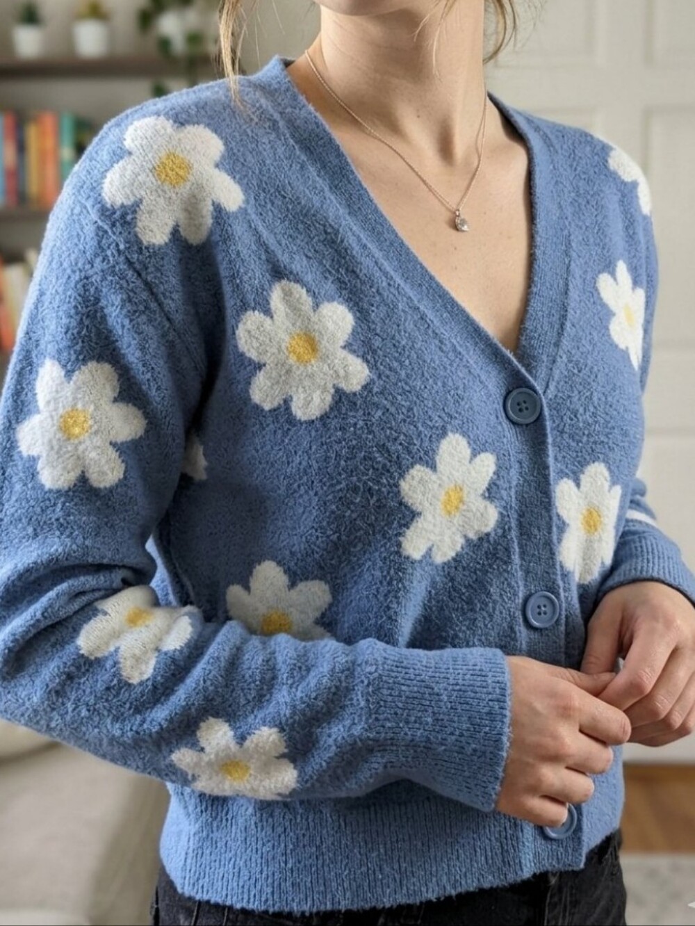 Willow Blue Daisy V-Neck Cardigan
